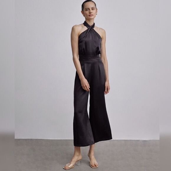 NWOT SILK MAISON Cross Halter Silk Jumpsuit In Black - Picture 1 of 16